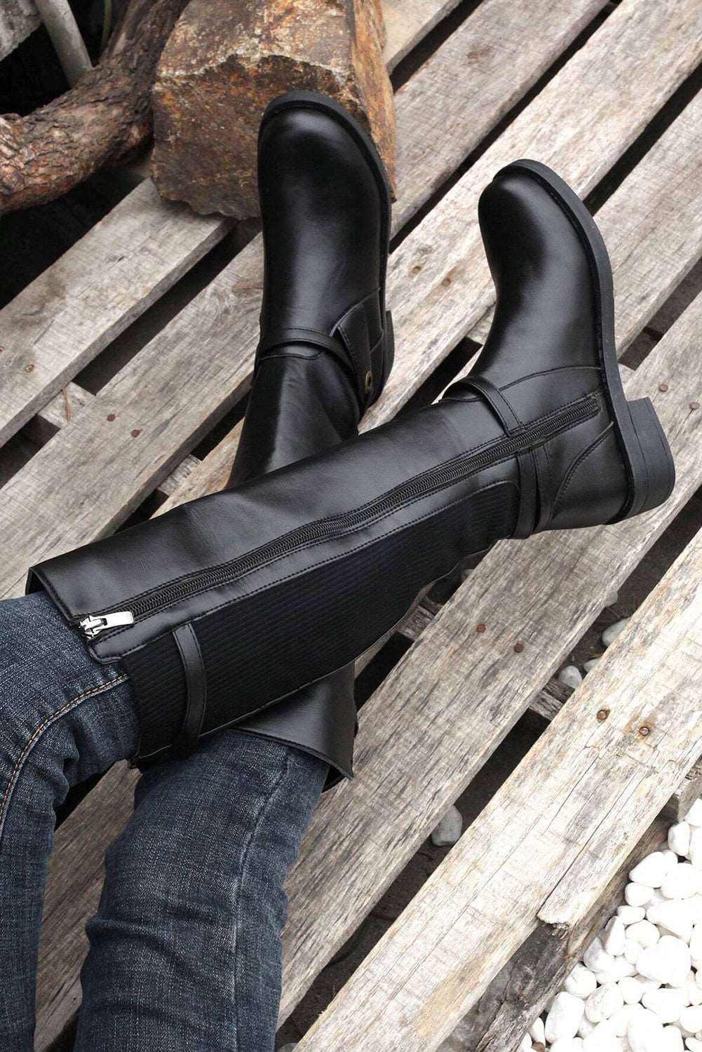 Black Side Zipper Knee High Chunky Low Heel Boots - Startoff UK Boutique