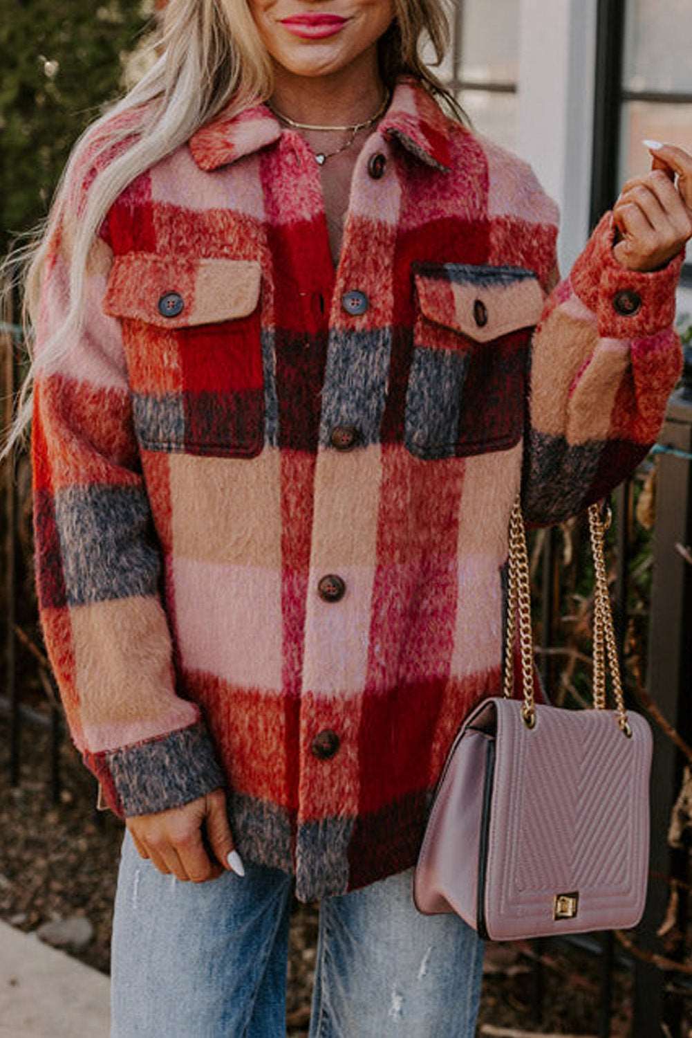 Orange Plaid Pockets Buttoned Plus Size Jacket - Startoff UK Boutique