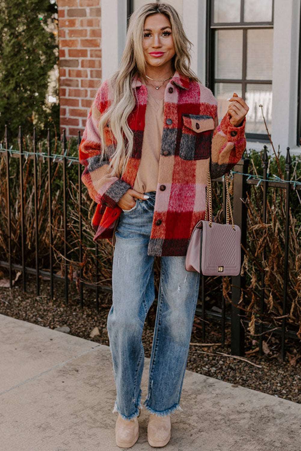 Orange Plaid Pockets Buttoned Plus Size Jacket - Startoff UK Boutique