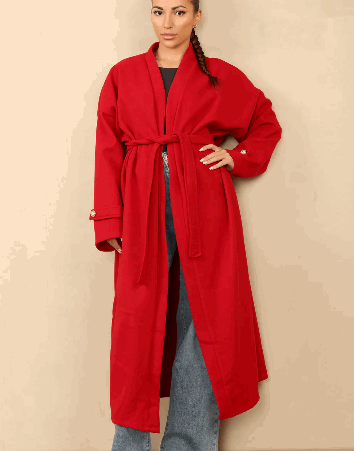 Lucian Belted Long Coat With Gold Arm Button