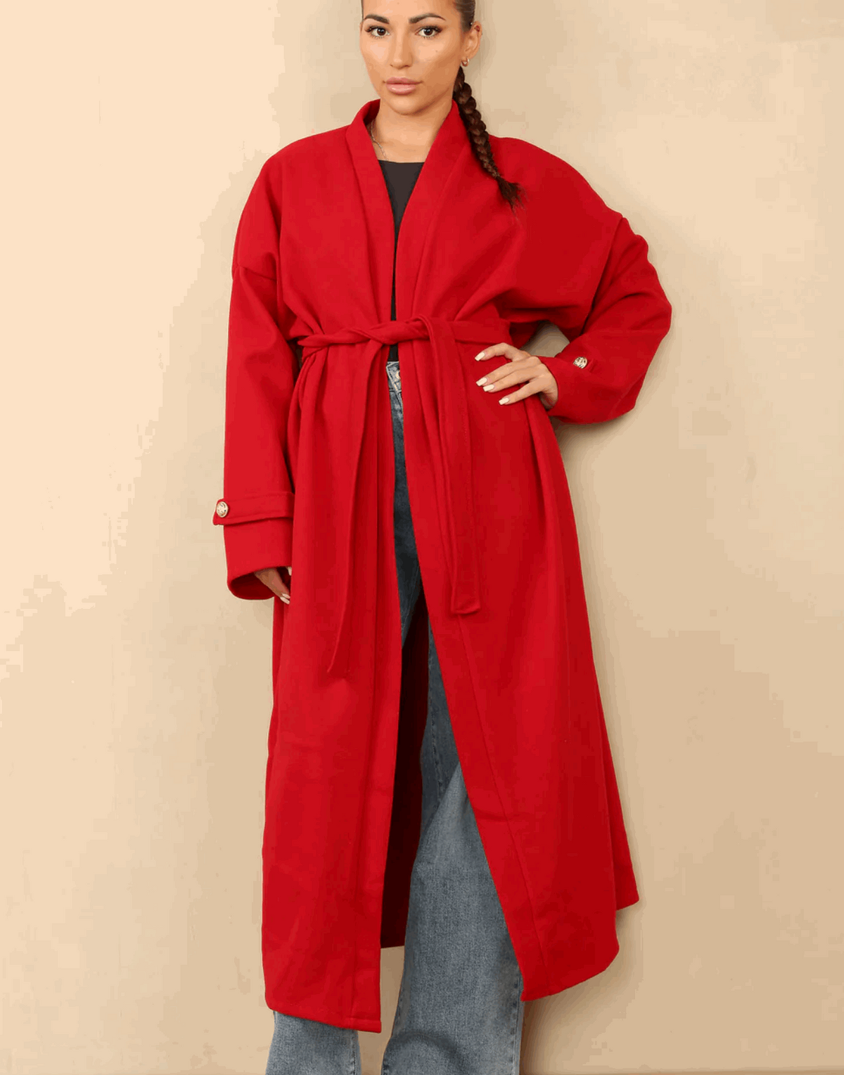 Lucian Belted Long Coat With Gold Arm Button