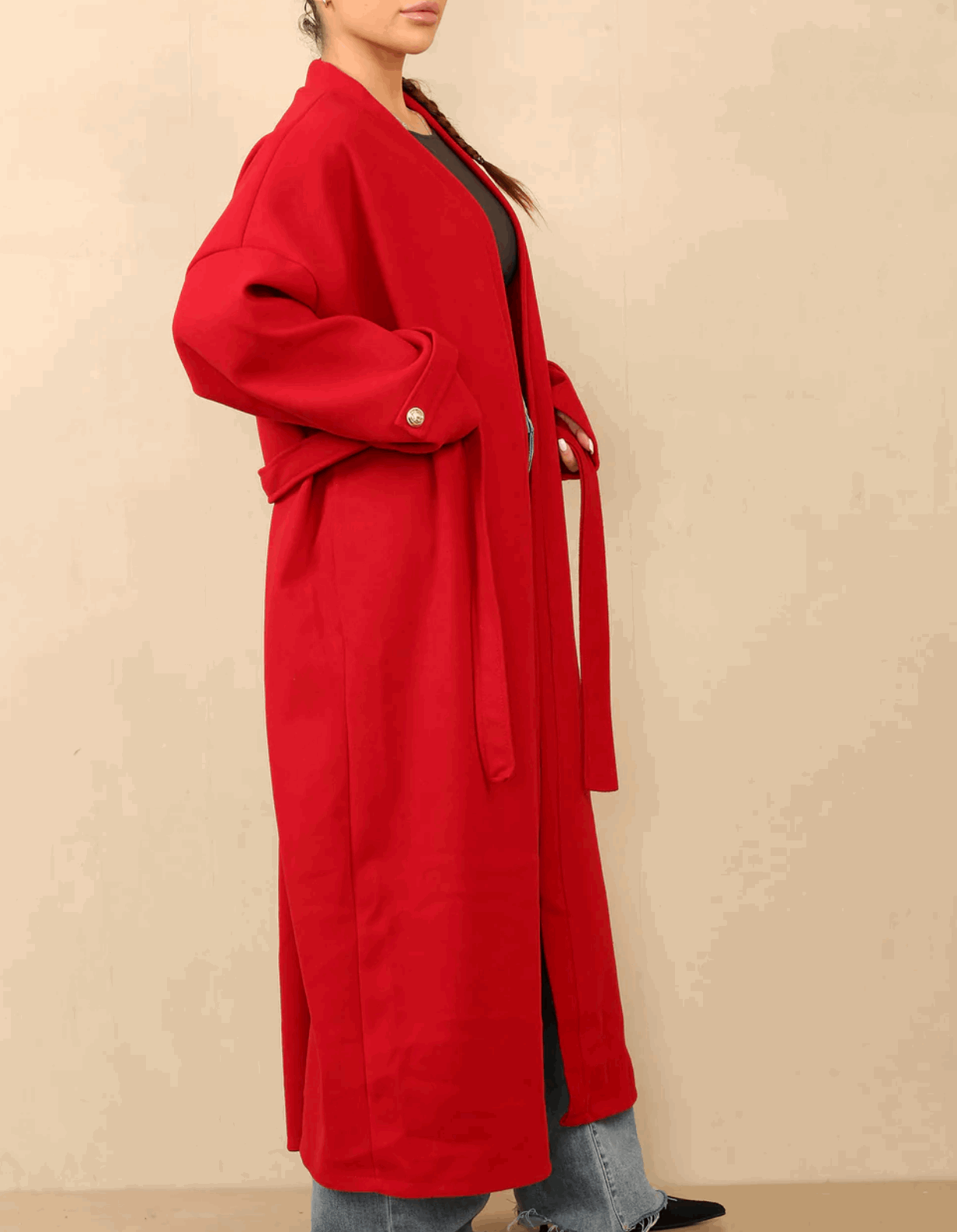 Lucian Belted Long Coat With Gold Arm Button