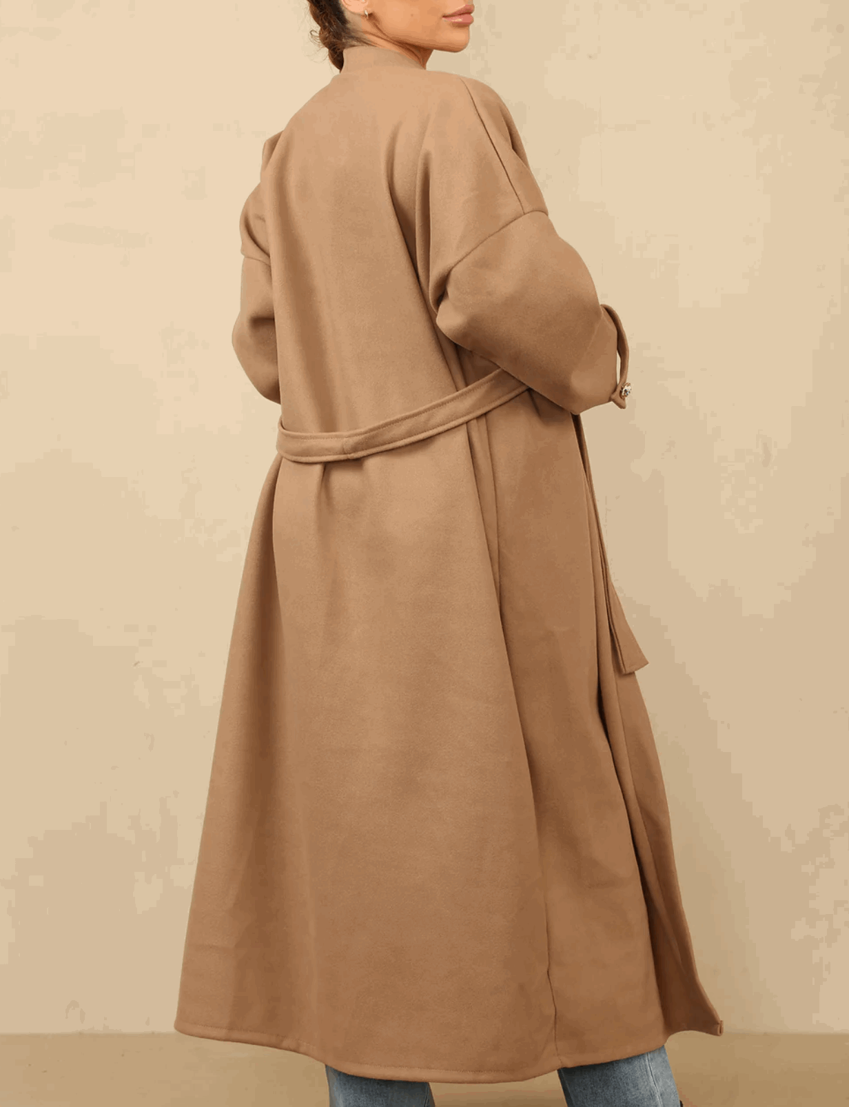 Lucian Belted Long Coat With Gold Arm Button