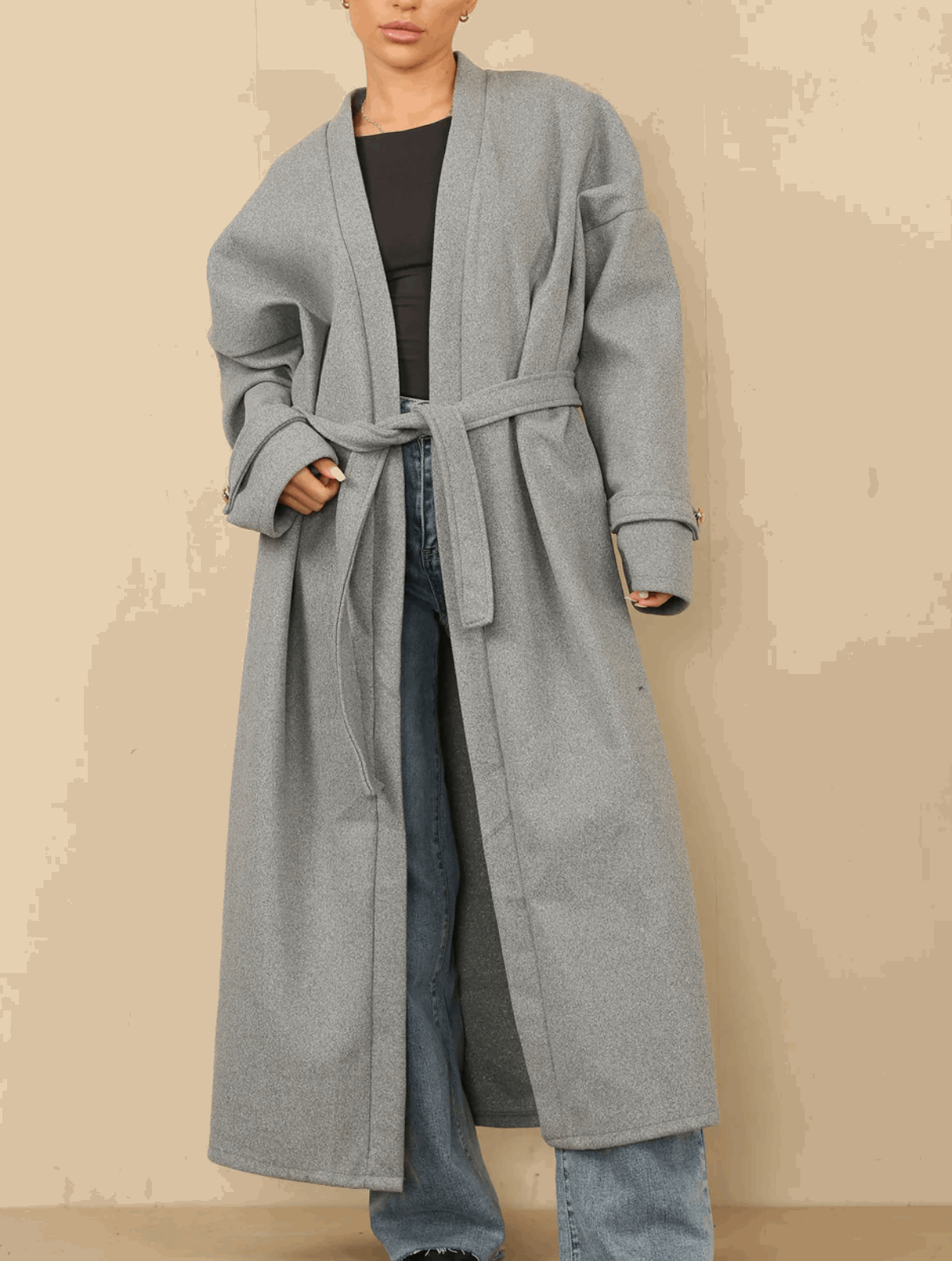 Lucian Belted Long Coat With Gold Arm Button