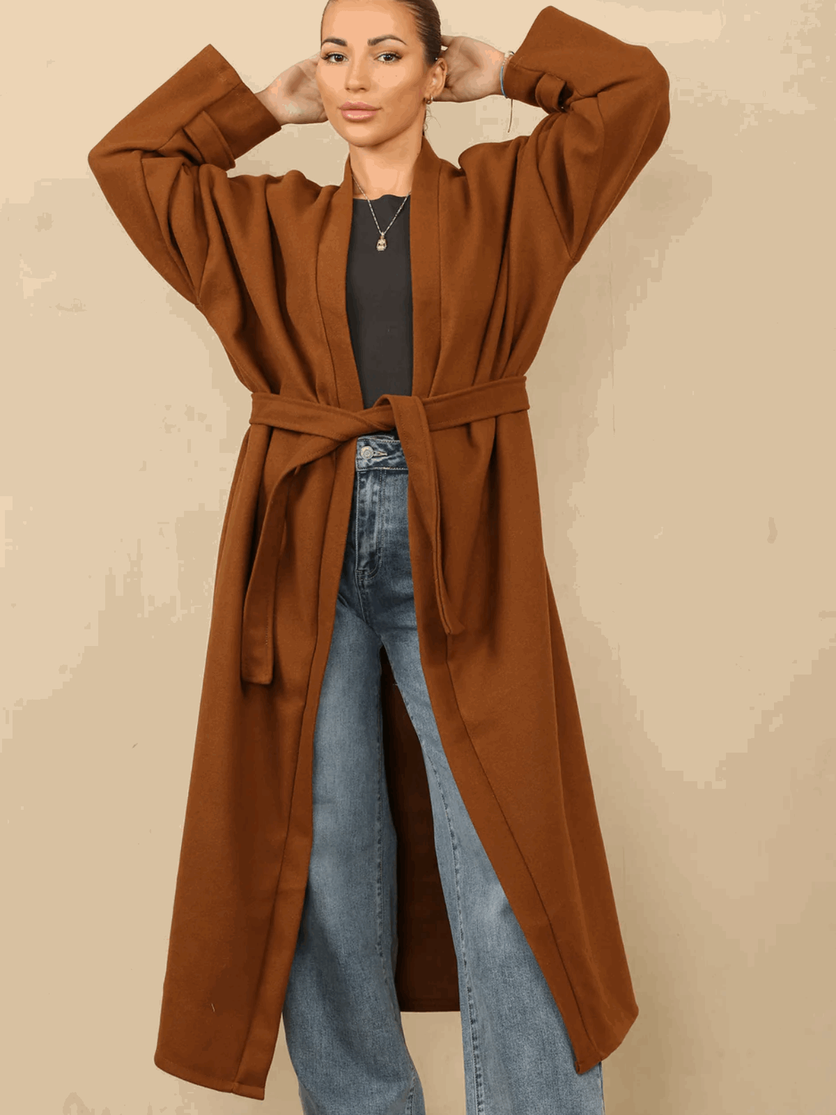 Lucian Belted Long Coat With Gold Arm Button