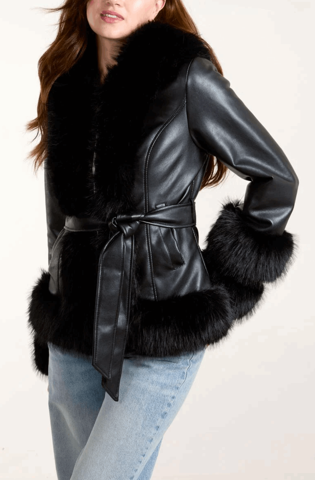 Jackie Faux Fur Belted PU Jacket