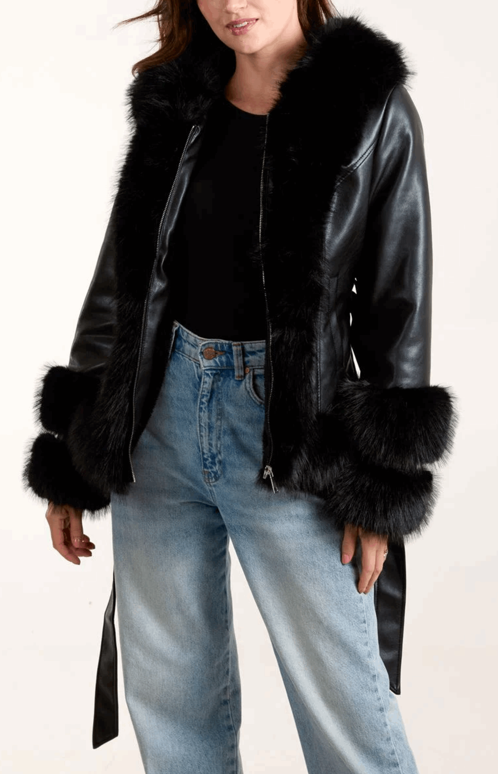 Jackie Faux Fur Belted PU Jacket