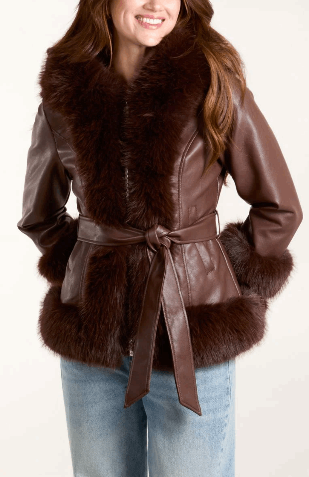 Jackie Faux Fur Belted PU Jacket