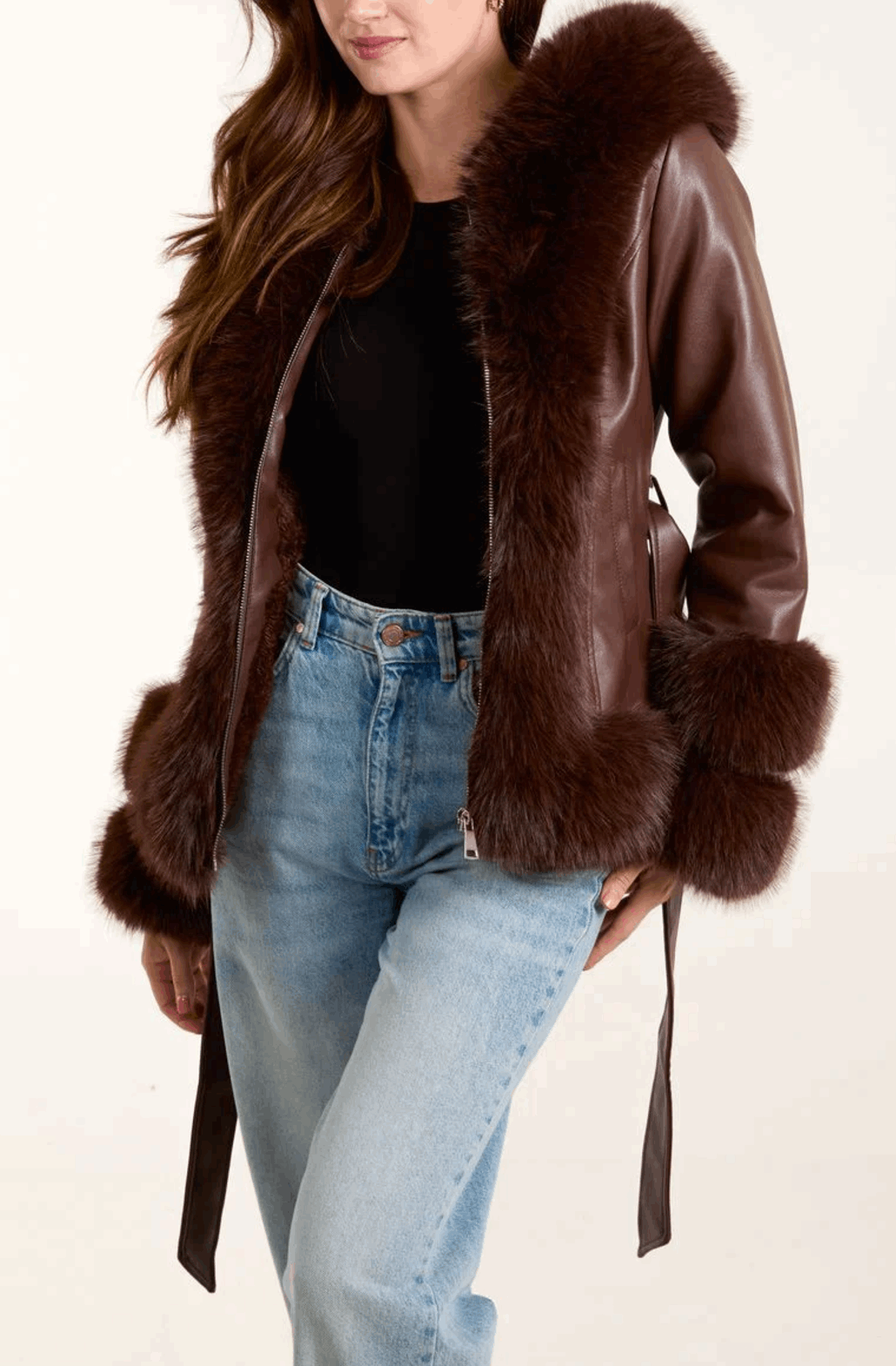Jackie Faux Fur Belted PU Jacket