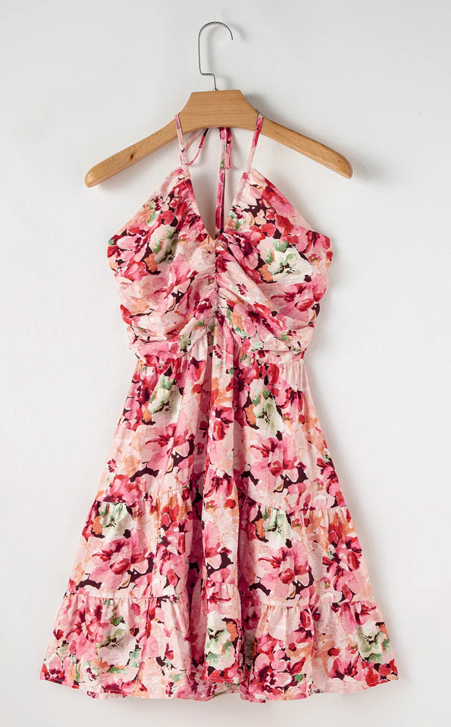 Floral Halter Neck Shirred Back Ruffled Mini Dress