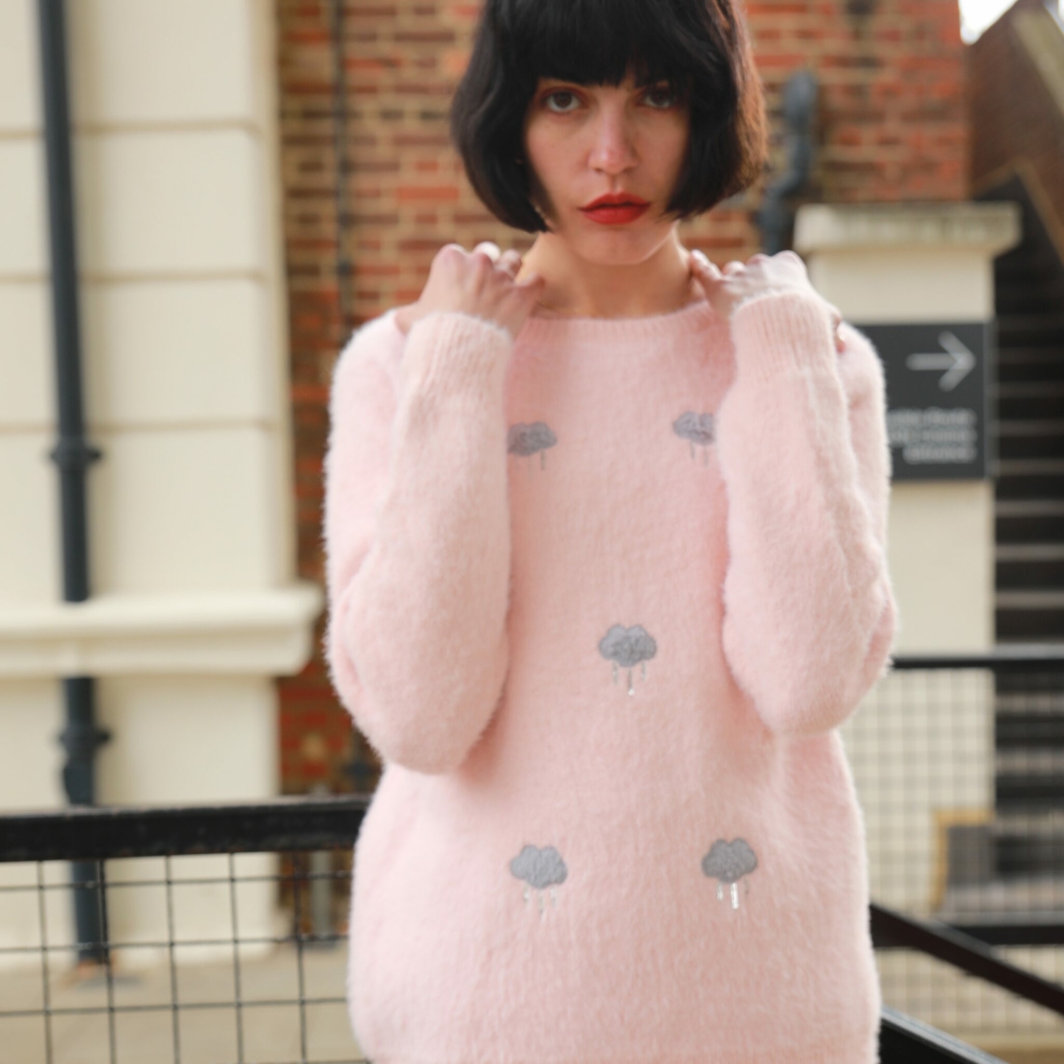 Exceptional  Embroidered couldy print fluffy jumper